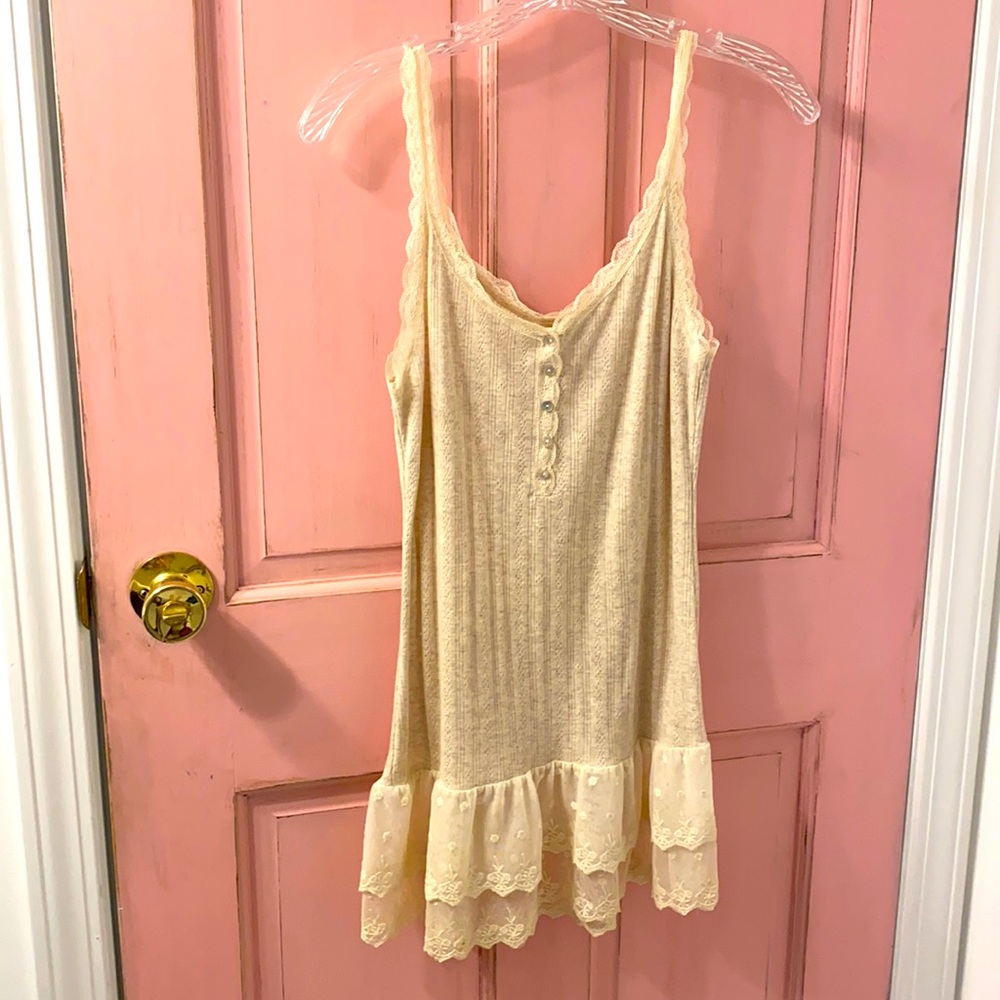 Cream Lace-Trim Sleeveless Knit Tank Dress - Brand Unknown